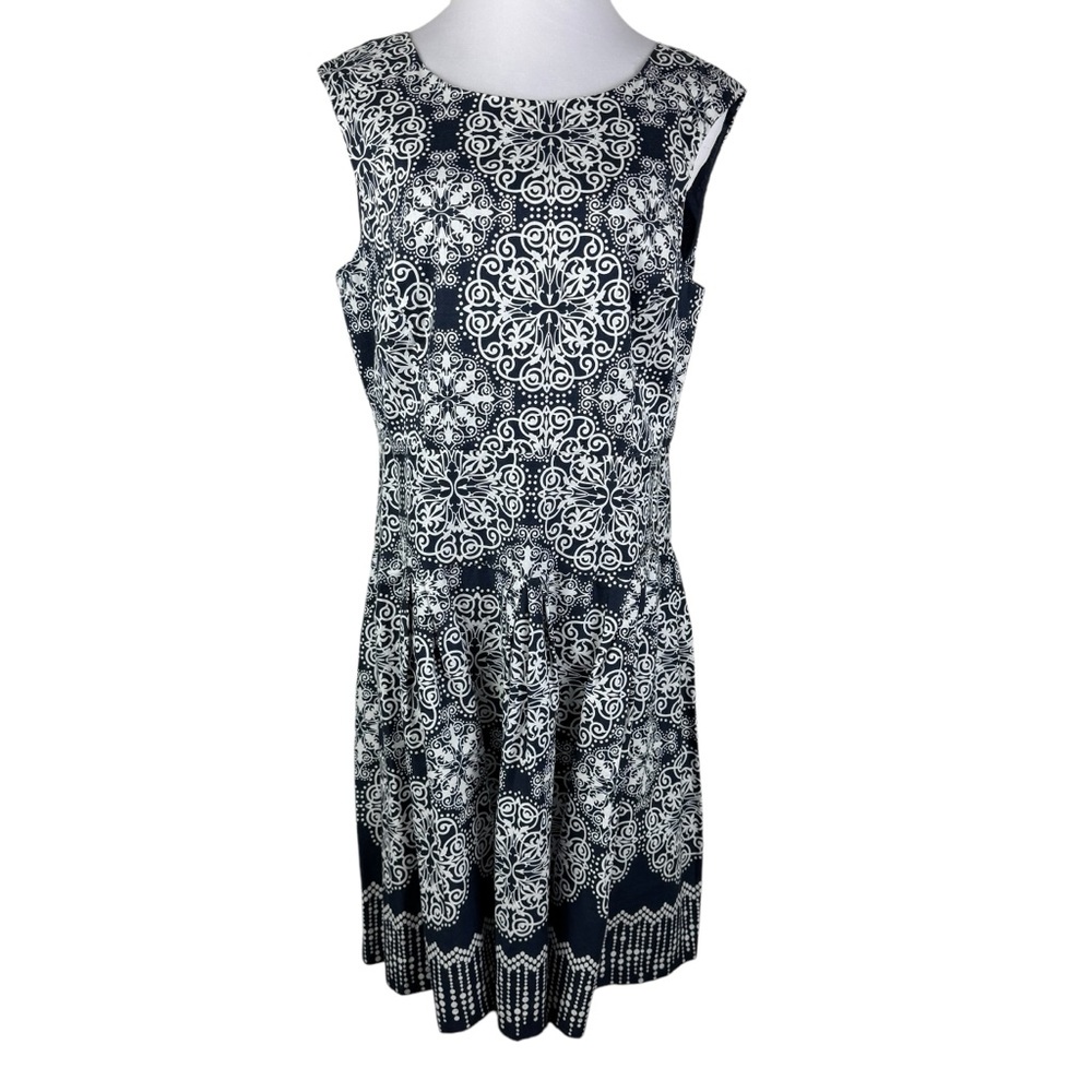 Robbie Bee Vintage Round Neck V-Back Sleeveless Dress Women's 16 Navy Blue White